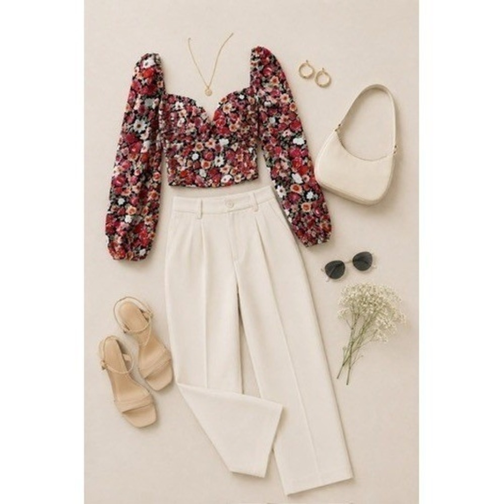 ASTR The Label Black & Red Floral, Puff Sleeve Crop Top, Women's Small